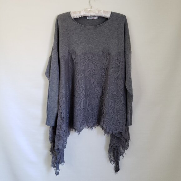Vintage Lace Asymetrical Grey Long Sleeve Knit Babydoll Fairy Top Fits M/L - Picture 5 of 6